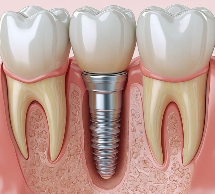 A dental implant placed in the jaw to replace a missing tooth